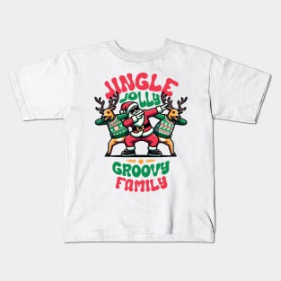 Family - Holly Jingle Jolly Groovy Santa and Reindeers in Ugly Sweater Dabbing Dancing. Personalized Christmas Kids T-Shirt